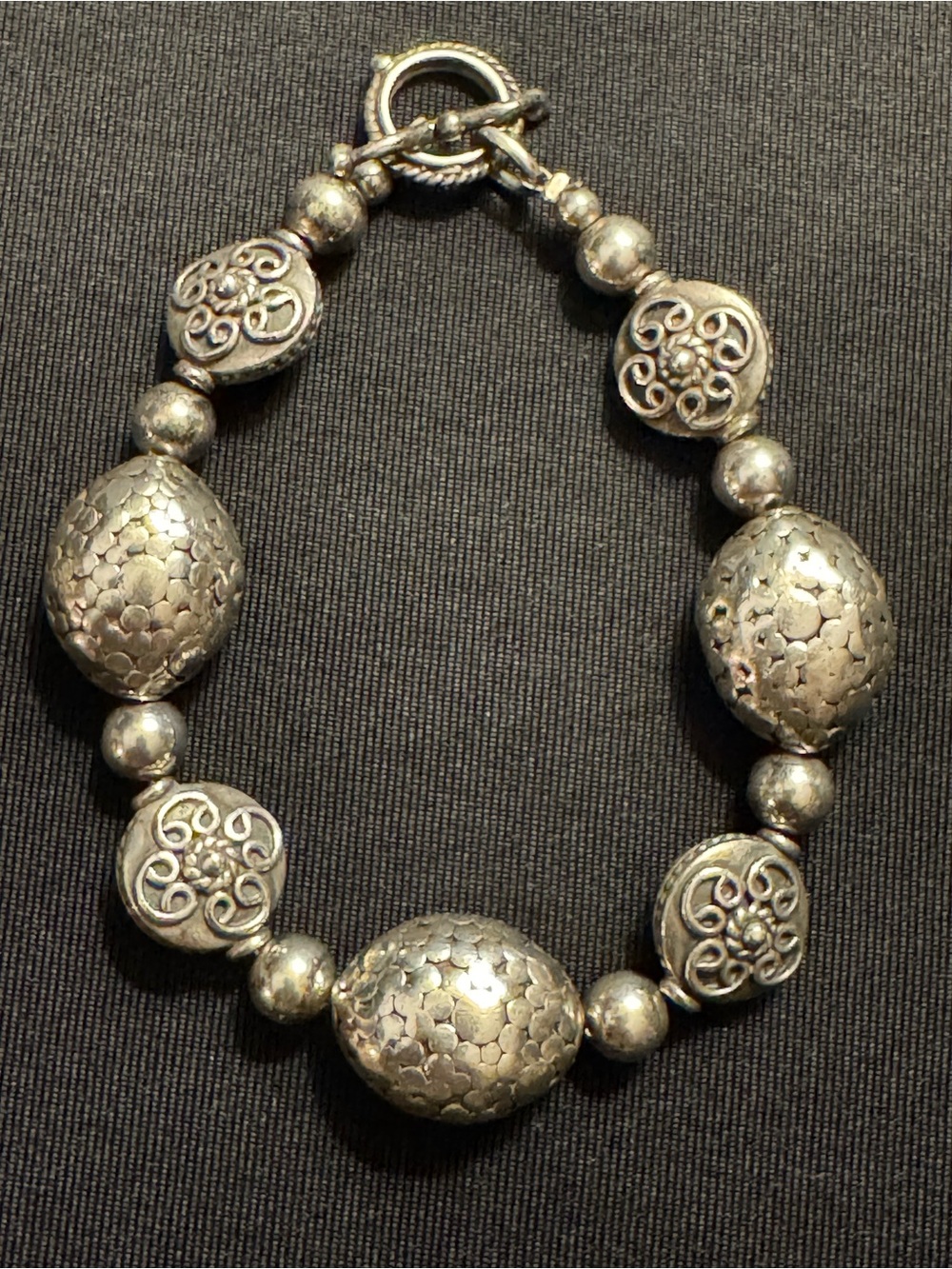 Heavy Sterling Silver Oval Scrollwork Beaded Bracelet